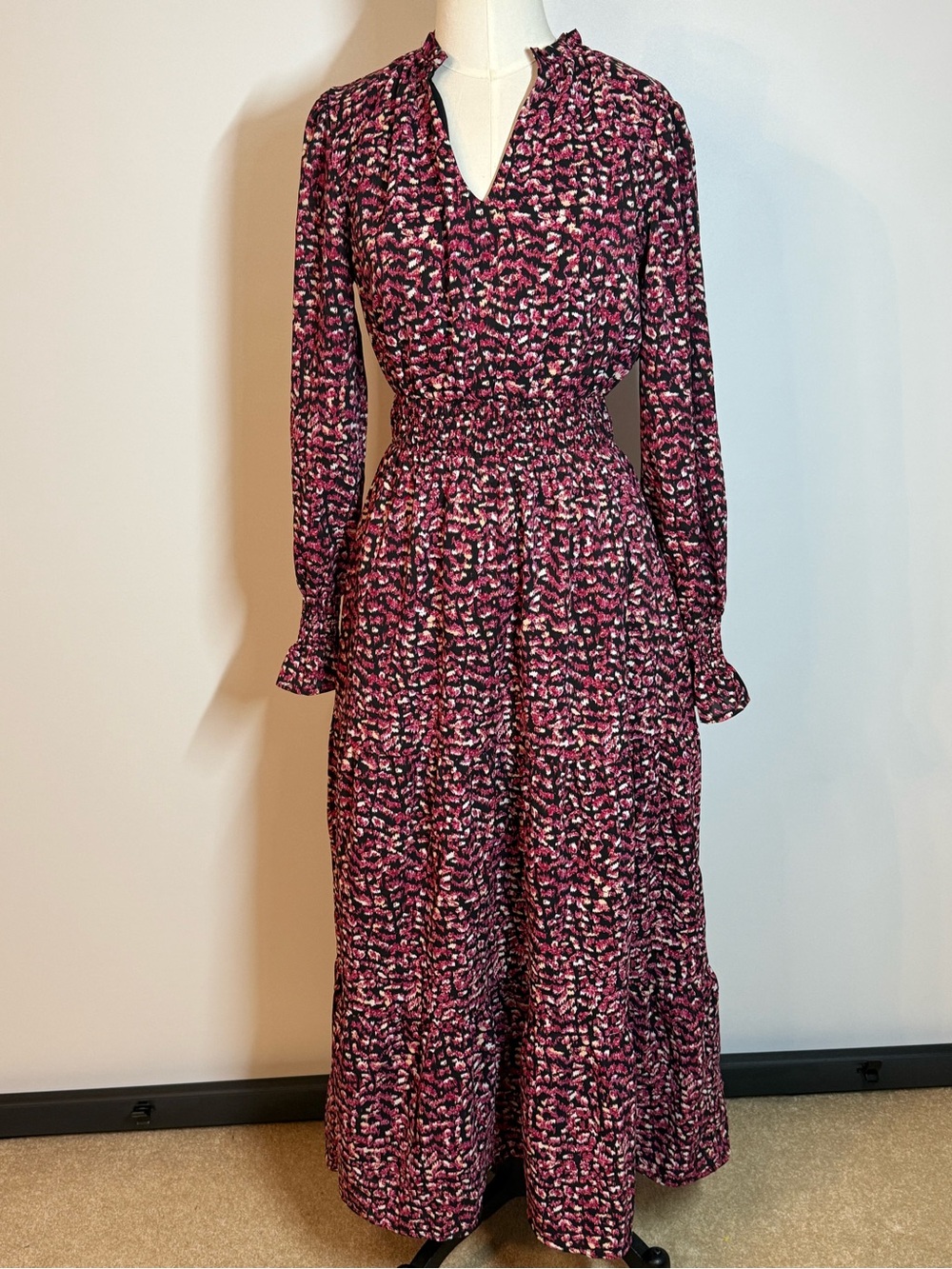 Smocked Waist Pink Patterned Long Sleeve Maxi Dress